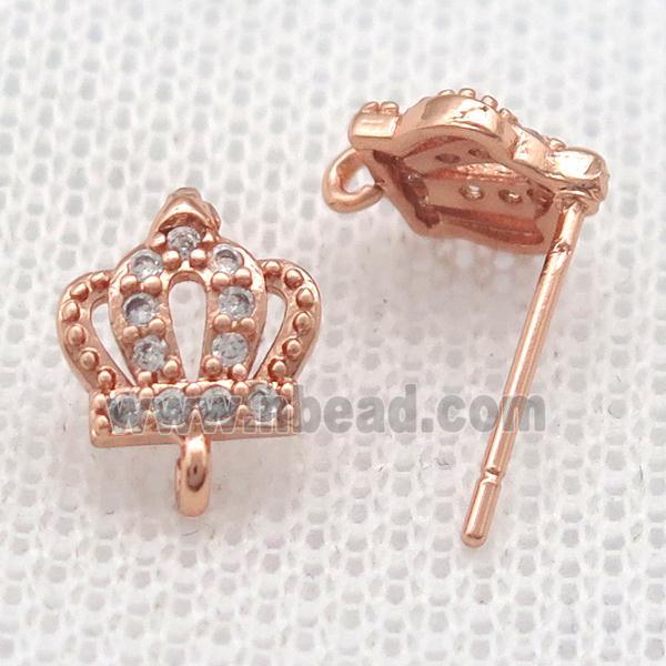copper Stud Earrings paved zircon, crown, rose gold