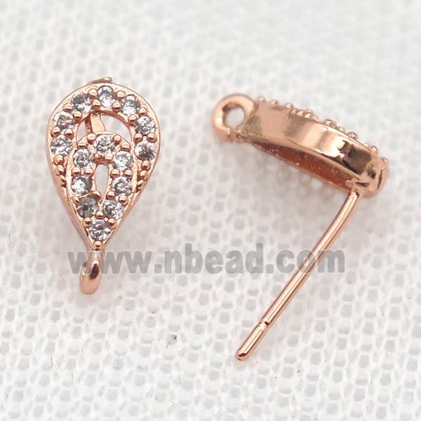copper Stud Earrings paved zircon, teardrop, rose gold