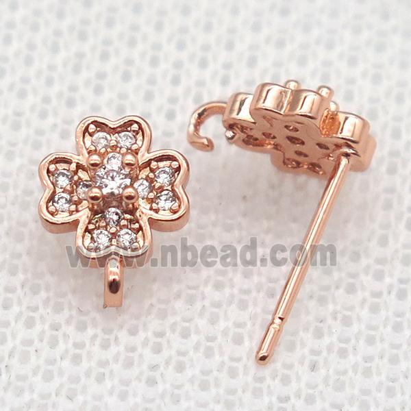 copper Stud Earrings paved zircon, clover, rose gold