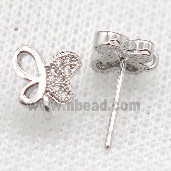 copper Stud Earrings paved zircon, butterfly, platinum plated