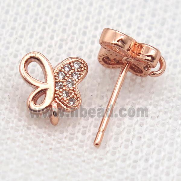 copper Stud Earrings paved zircon, butterfly, rose gold
