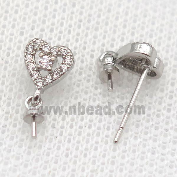 copper Stud Earrings paved zircon, heart, platinum plated