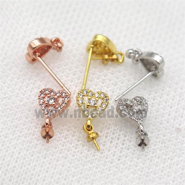 copper Stud Earrings paved zircon, heart, mixed color
