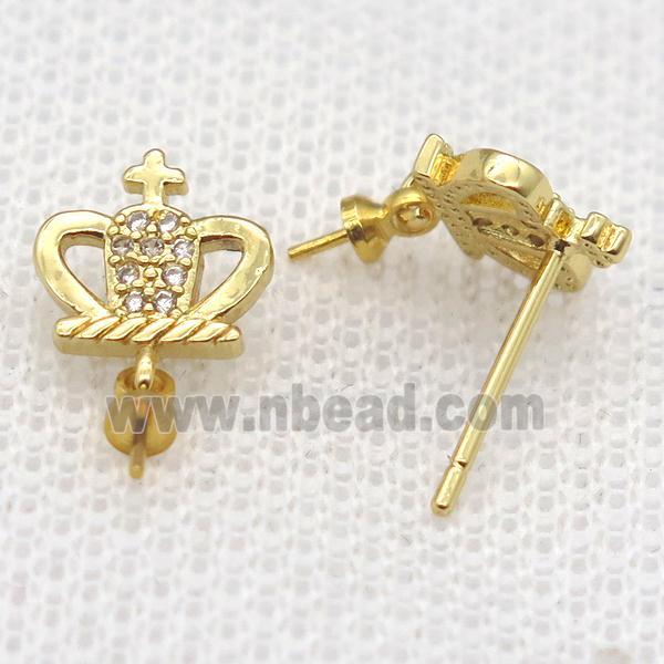 copper Stud Earrings paved zircon, crown, gold plated