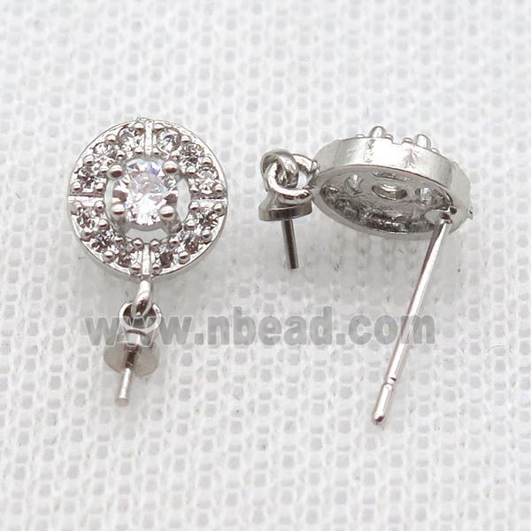 copper Stud Earrings paved zircon, circle, platinum plated