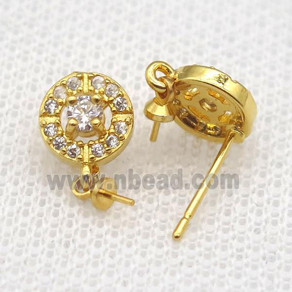 copper Stud Earrings paved zircon, circle, gold plated