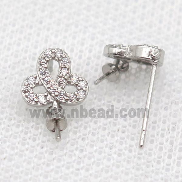 copper Stud Earrings paved zircon, clover, platinum plated