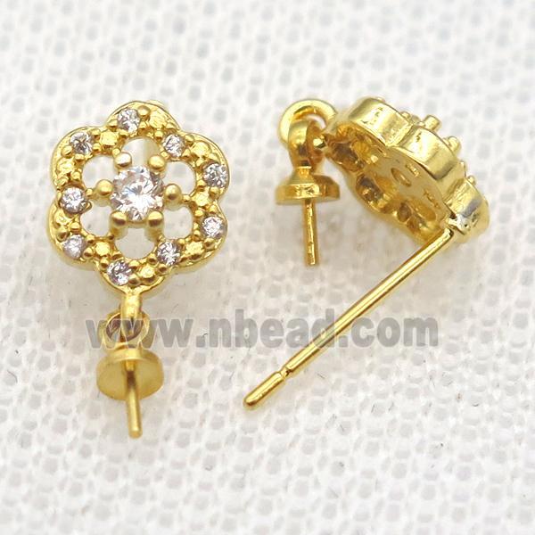 copper Stud Earrings paved zircon, flower, gold plated