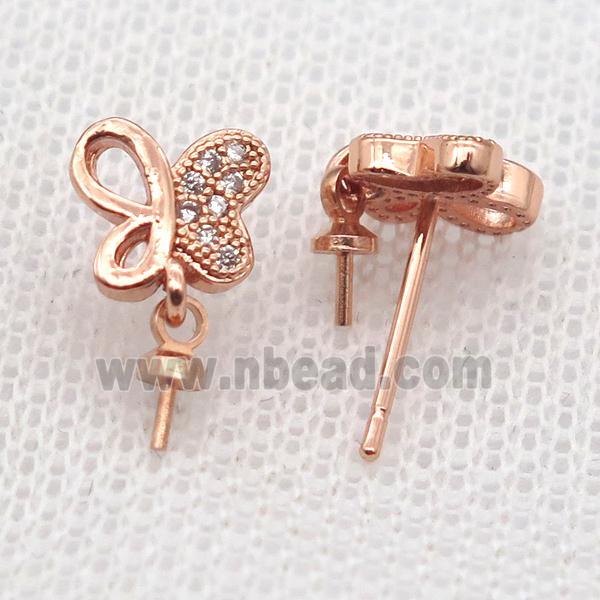 copper Stud Earrings paved zircon, butterfly, rose gold