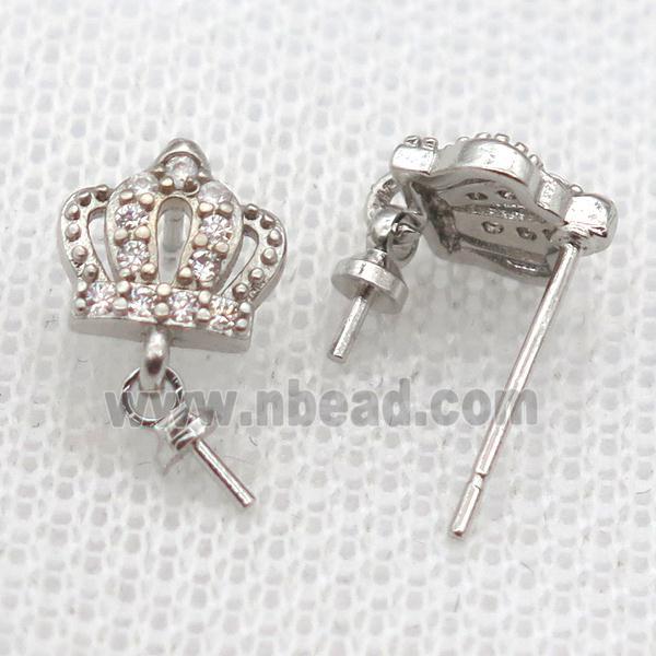 copper Stud Earrings paved zircon, crown, platinum plated
