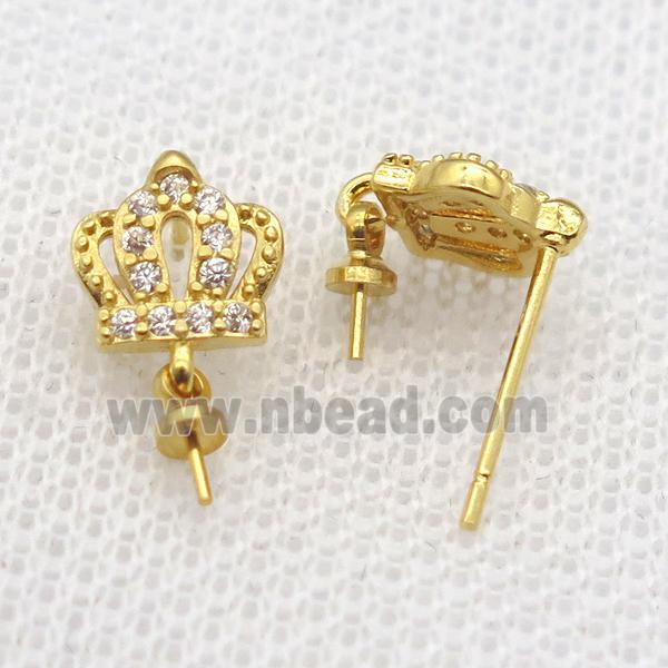 copper Stud Earrings paved zircon, crown, gold plated