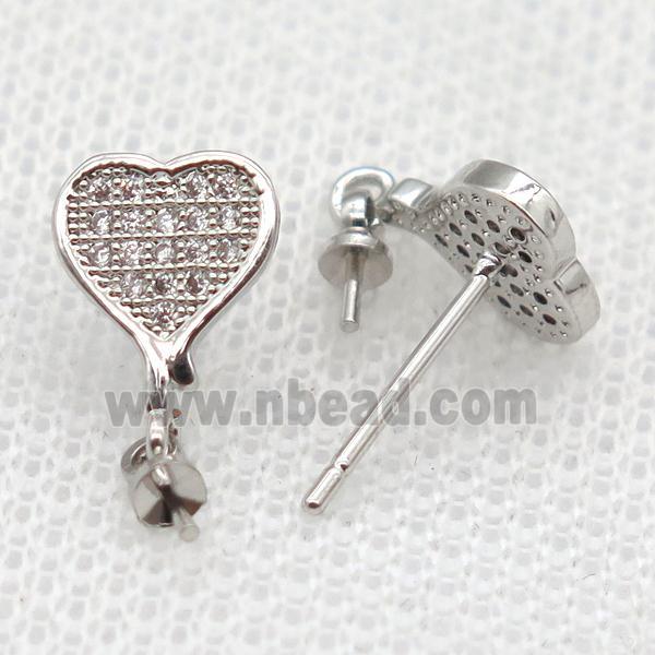copper Stud Earrings paved zircon, heart, platinum plated