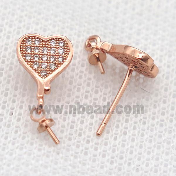 copper Stud Earrings paved zircon, heart, rose gold