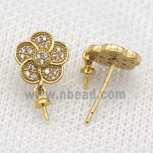 copper Stud Earrings paved zircon, flower, gold plated