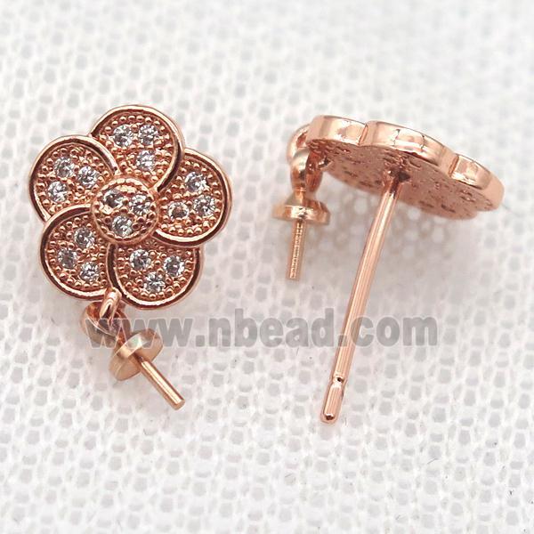 copper Stud Earrings paved zircon, flower, rose gold