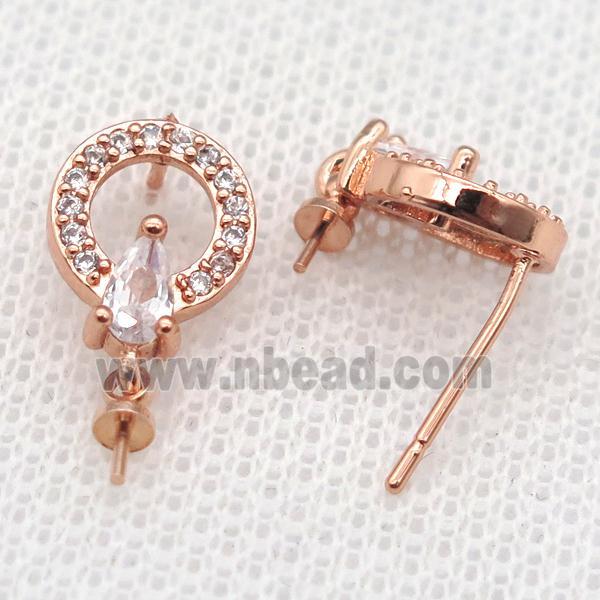 copper Stud Earrings paved zircon, circle, rose gold