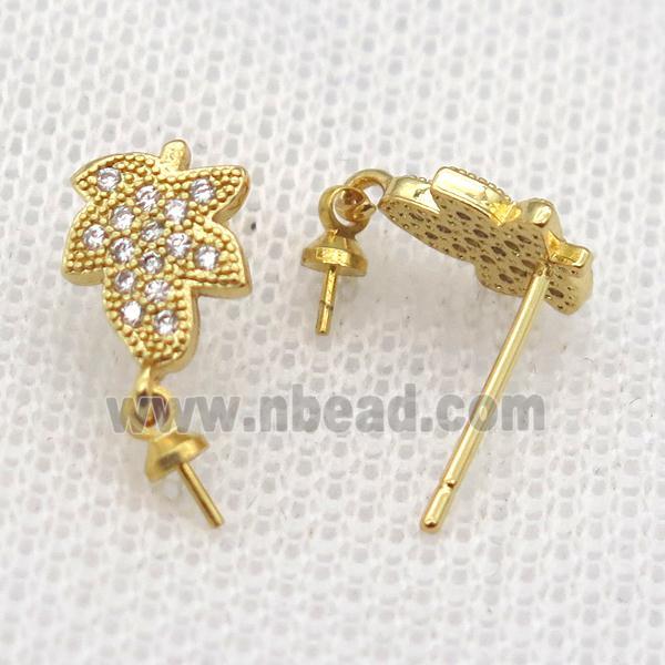 copper Stud Earrings paved zircon, leaf, gold plated