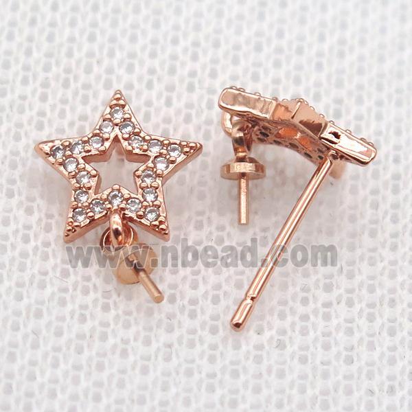 copper Stud Earrings paved zircon, star, rose gold