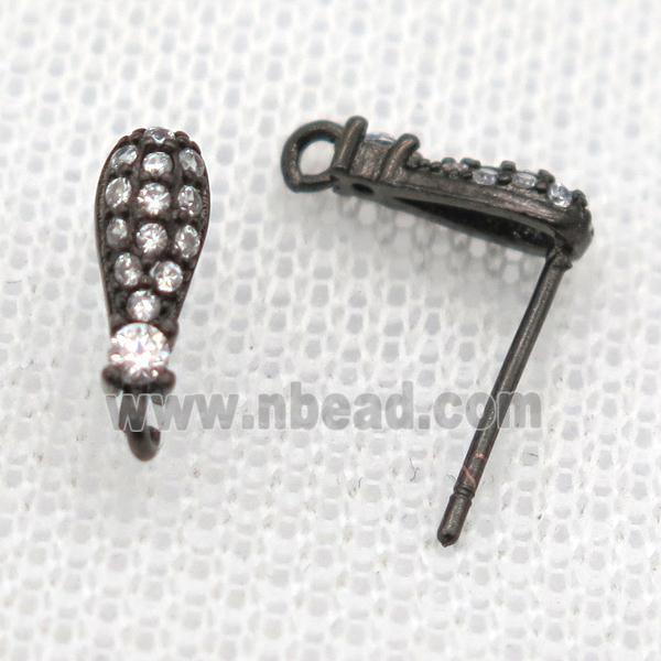 copper Stud Earrings paved zircon, teardrop, black plated