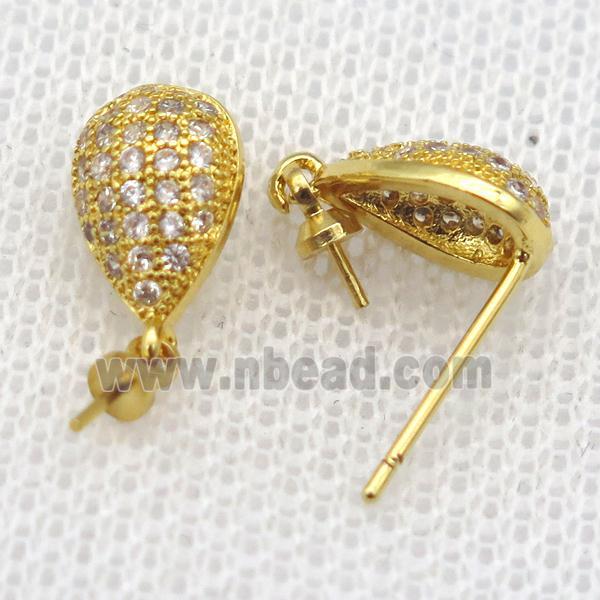 copper Stud Earrings paved zircon, teardrop, gold plated