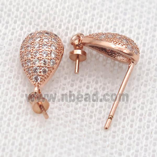 copper Stud Earrings paved zircon, teardrop, rose gold