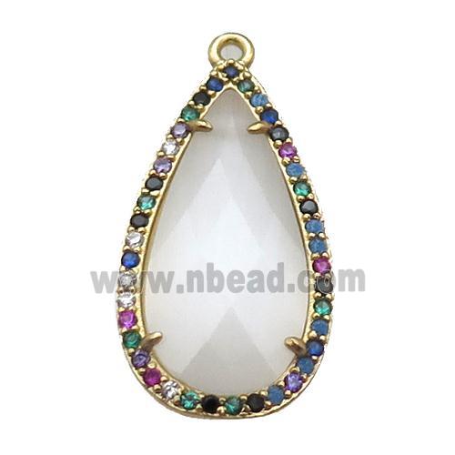 white Crystal Glass teardrop pendant pave zircon, gold plated