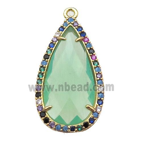 green Crystal Glass teardrop pendant pave zircon, gold plated