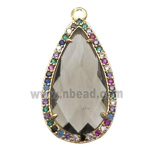 smoky Crystal Glass teardrop pendant pave zircon, gold plated