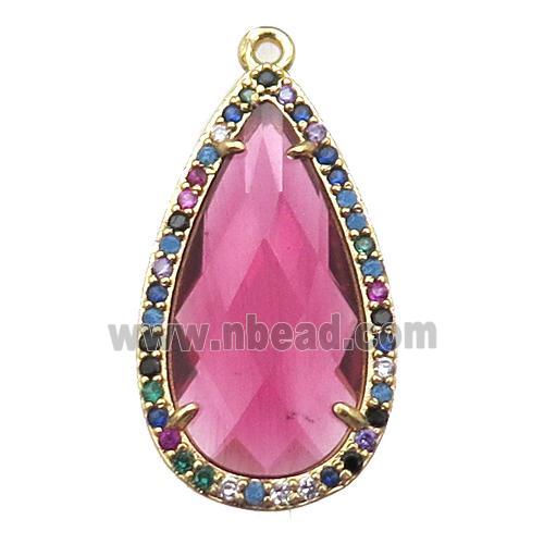 hotpink Crystal Glass teardrop pendant pave zircon, gold plated