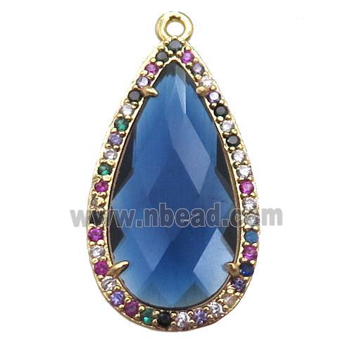 blue Crystal Glass teardrop pendant pave zircon, gold plated