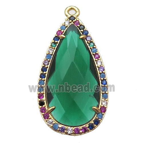 peacock green Crystal Glass teardrop pendant pave zircon, gold plated