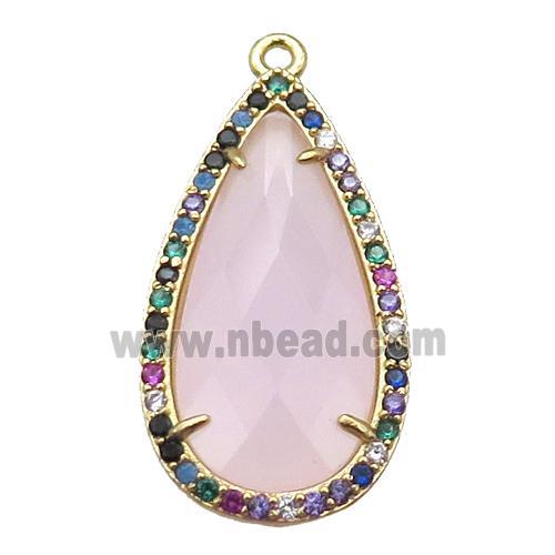 pink Crystal Glass teardrop pendant pave zircon, gold plated