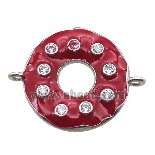 red enameling copper donut connector paved zircon, platinum plated