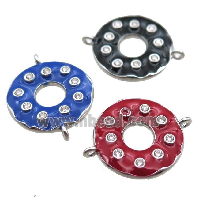 mixed color enameling copper donut connector paved zircon, platinum plated
