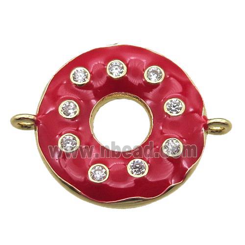 red enameling copper donut connector paved zircon, gold plated