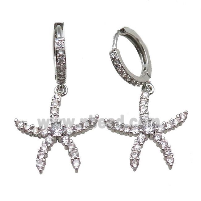 copper Hoop Earrings paved zircon, starfish, platinum plated