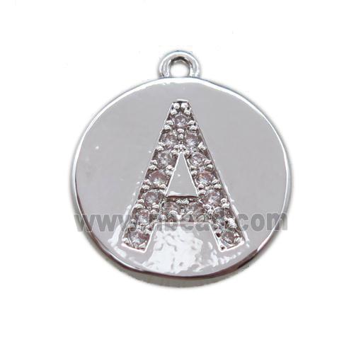 copper letter-A pendant paved zircon, platinum plated