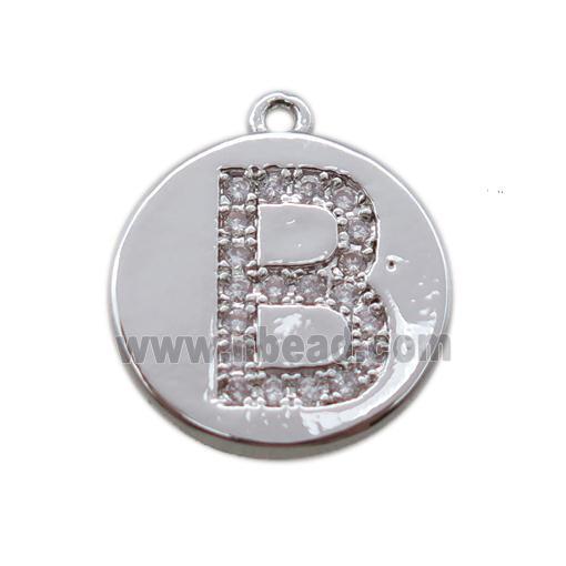 copper letter-B pendant paved zircon, platinum plated