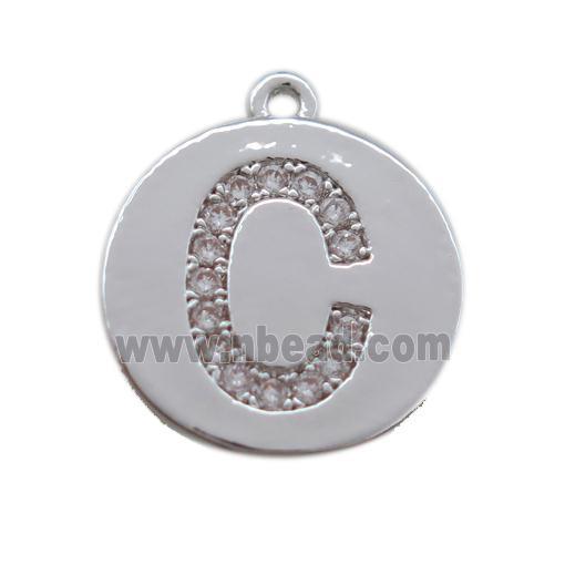 copper letter-C pendant paved zircon, platinum plated