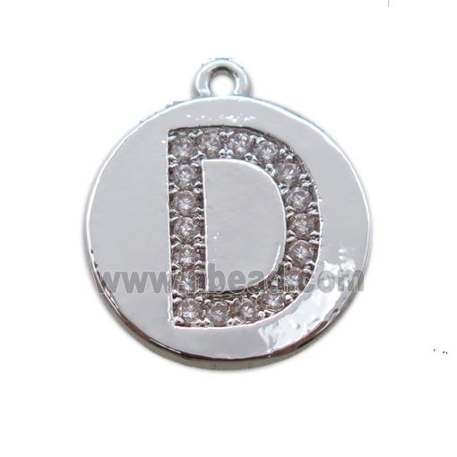 copper letter-D pendant paved zircon, platinum plated