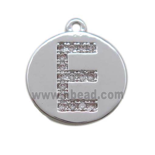 copper letter-E pendant paved zircon, platinum plated