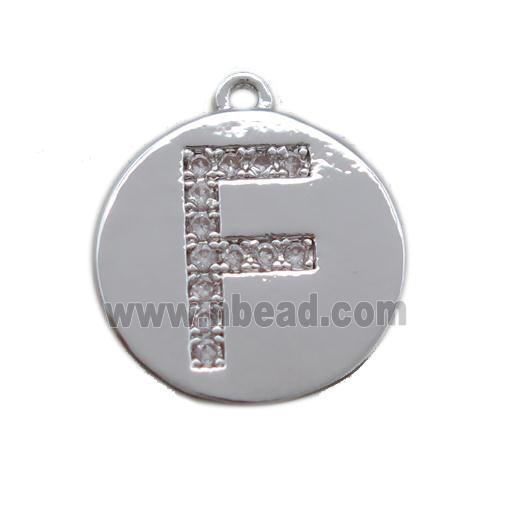 copper letter-F pendant paved zircon, platinum plated