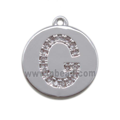 copper letter-G pendant paved zircon, platinum plated