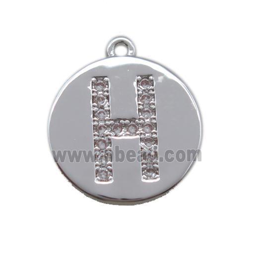 copper letter-H pendant paved zircon, platinum plated