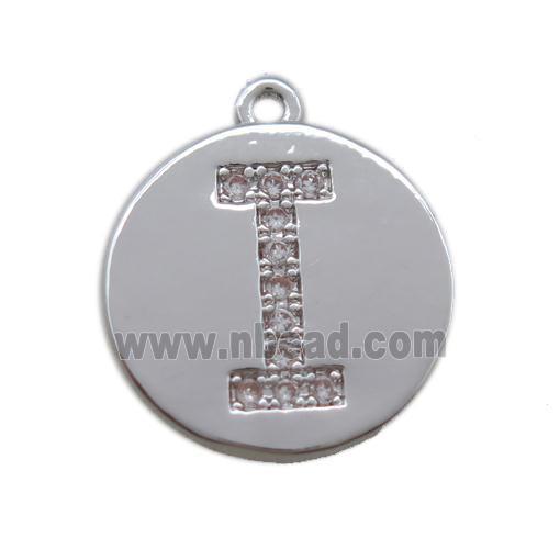 copper letter-I pendant paved zircon, platinum plated