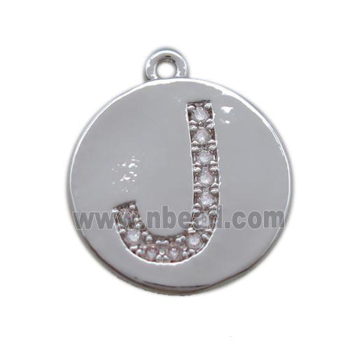 copper letter-J pendant paved zircon, platinum plated
