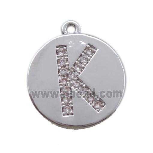 copper letter-K pendant paved zircon, platinum plated