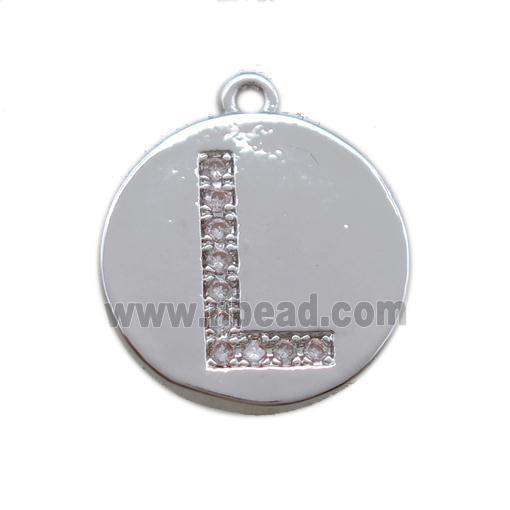 copper letter-L pendant paved zircon, platinum plated