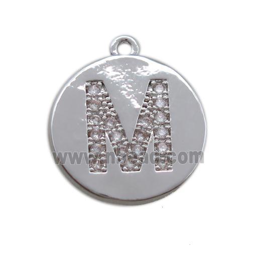 copper letter-M pendant paved zircon, platinum plated