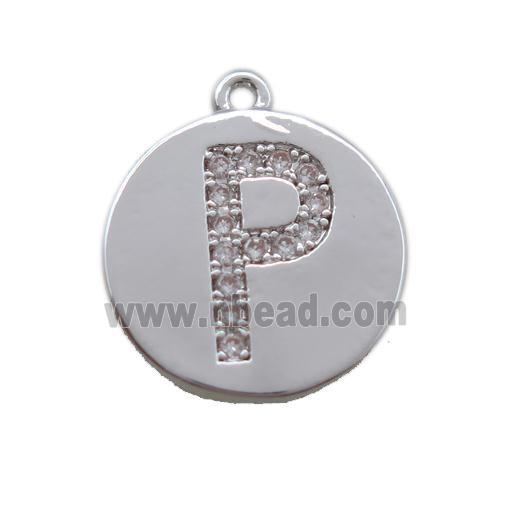 copper letter-P pendant paved zircon, platinum plated